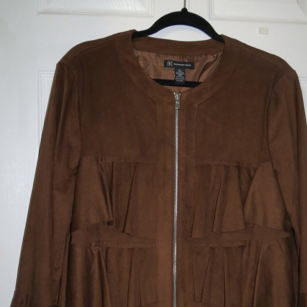 NWOT INC Womens Size Large Dark Camel Brown Suede Ruffle Long Sleeve Jacket Coat